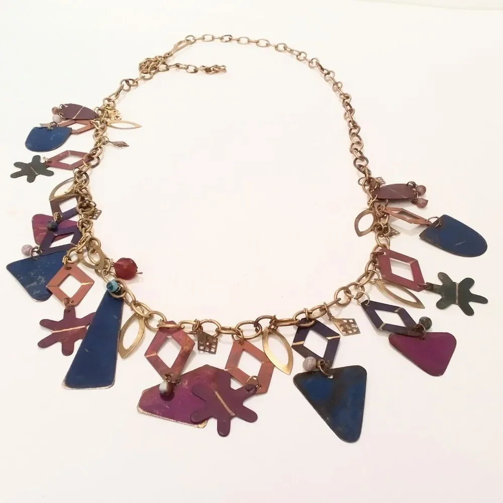 Vintage Brass Tone Boho Chain Statement Belt Multi Color Charms 42 Inch